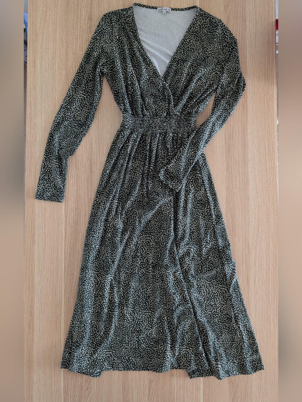 Green Dotted Long-Sleeve Wrap Midi Dress